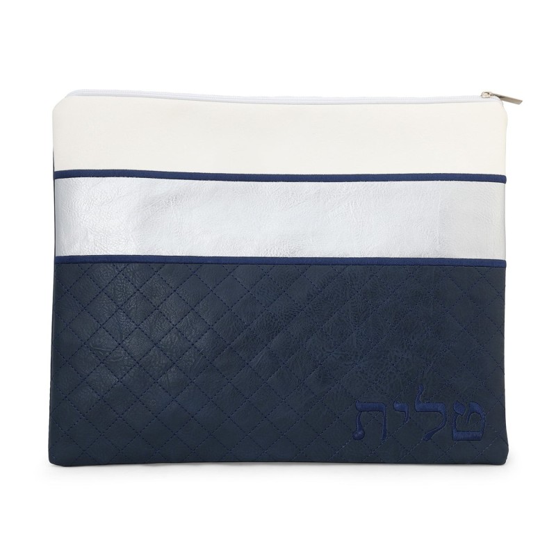 Faux Leather Blue and White Tallit & Tefillin Bag Set with Diamond Pat